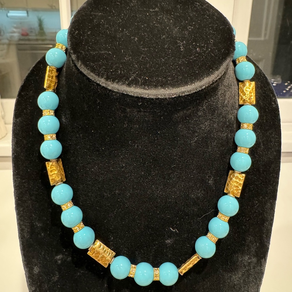 High-end turquoise, diamond and gold costume necklace. NWOT. - Picture 3 of 3
